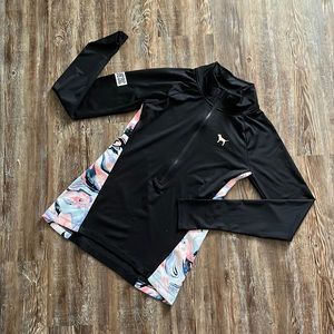 Pink Black Multicolor Marble Half Zip Long Sleeve Fitted Athletic Jacket